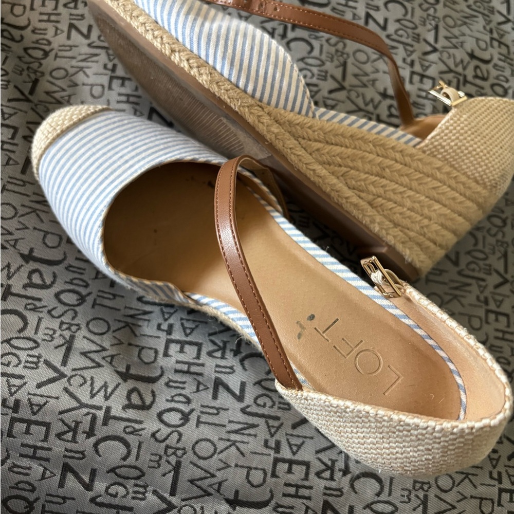 LOFT Blue and White Striped Espadrille Wedges with Tan Ankle Strap - Picture 3 of 4